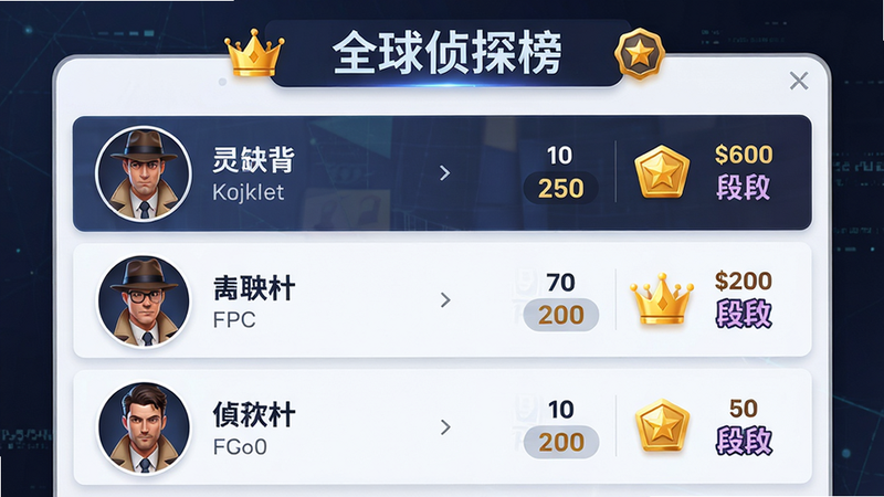 图片主体为侦探联盟排行榜界面,列表显示多名侦探头像、昵称、积分和段位,顶部有“全球侦探榜”标题。布局规整,风格现代,细节包括金色皇冠和等级图标,画质高清,背景干净。