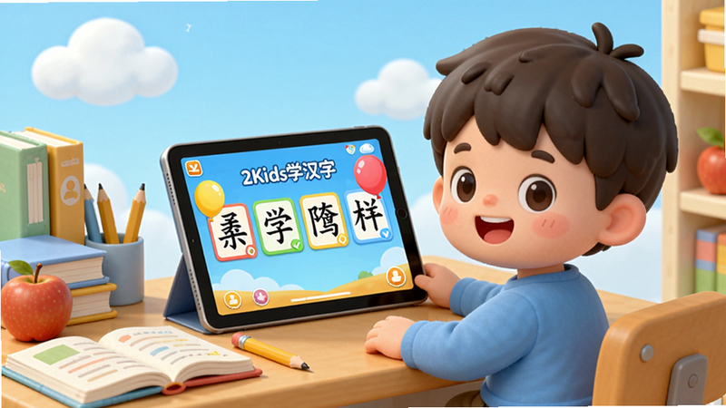 一张温馨的儿童学习场景,一个可爱的卡通小男孩坐在书桌前,平板电脑上显示