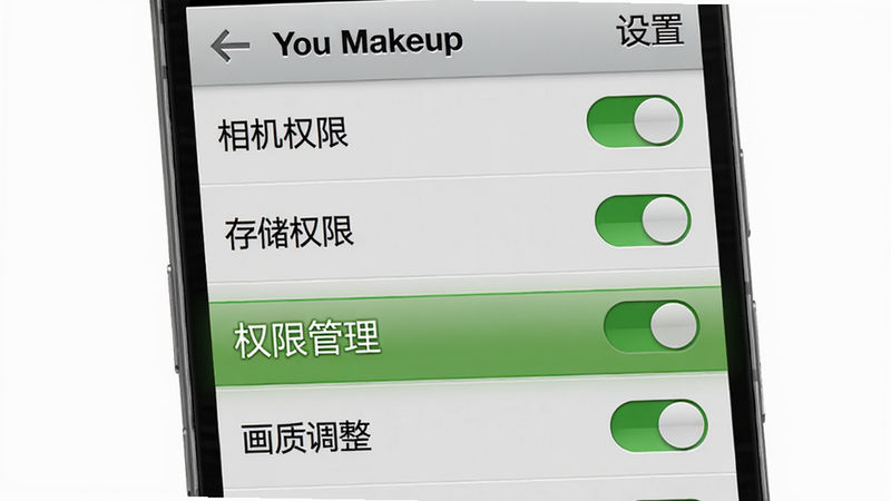 主体:手机竖屏显示You Makeup的“设置”界面,高亮“权限管理”和“画质调整”选项。布局:设置列表从上到下,背景为浅灰色。排版:选项文字为黑色,开关为绿色。风格:拟物化安卓设置风格。细节:有“相机权限”“存储权限”两个开关均开启。画质:高清,干净,无多余元素。