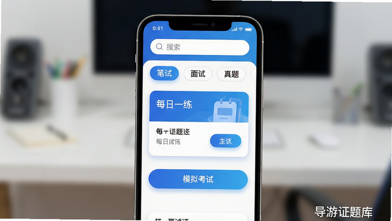 主体:手机屏幕显示导游证题库APP主页,布局:居中放置,上方有搜索框和分类标签(笔试、面试、真题),下方为每日一练卡片和模拟考试按钮,排版:扁平化,UI以蓝色和白色为主,风格:现代简约教育风格,细节:卡片带有圆角阴影,按钮有渐变效果,画质:高清干净,无多余元素,图片中打文字“导游证题库”