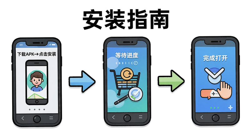 主体:手机安装导游证题库的步骤示意图,布局:从左到右依次为“下载APK→点击安装→等待进度→完成打开”,排版:流程图形式,风格:卡通简洁风格,细节:每个步骤用箭头连接,背景白色,画质:高清干净,图片中打文字“安装指南”