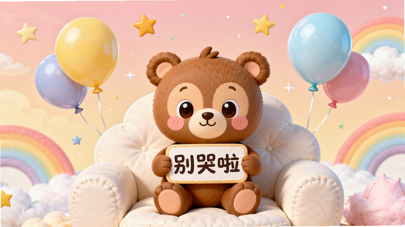 画面中心是一个可爱的小熊玩偶坐在柔软的云朵沙发上,周围漂浮着彩色气球和星星,小熊脸上带着微笑,手里举着一个写着“别哭啦”的牌子。背景是温馨的粉色渐变天空,有彩虹和棉花糖般的云朵。整体采用宝宝巴士经典的卡通风格,色彩明亮柔和,线条圆润。画面干净无多余元素,画质高清,突出“安慰小宝宝”的温暖主题。