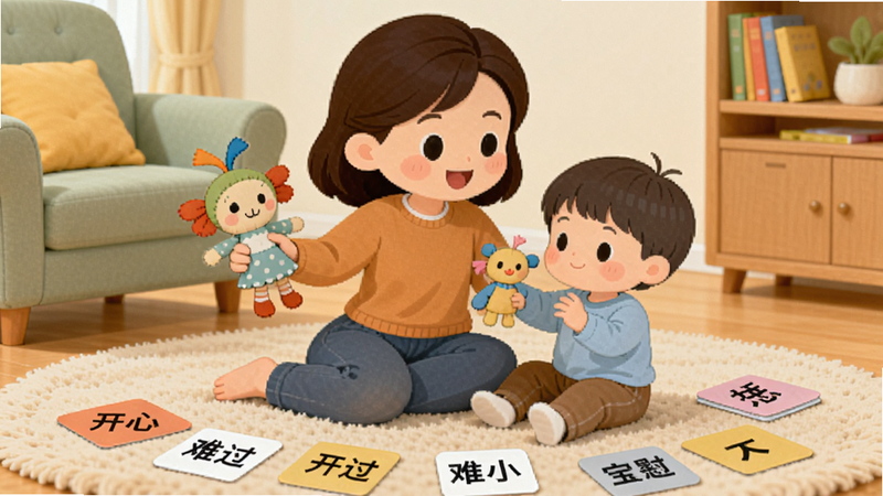画面中央是一对亲子(卡通风格)坐在地毯上,妈妈手拿一个布偶,小朋友正模仿妈妈的动作。周围散落着“开心”、“难过”等情绪卡片。背景是温馨的客厅,有沙发和书架。整体布局自然,画质干净,突出“安慰小宝宝”的亲子互动场景。