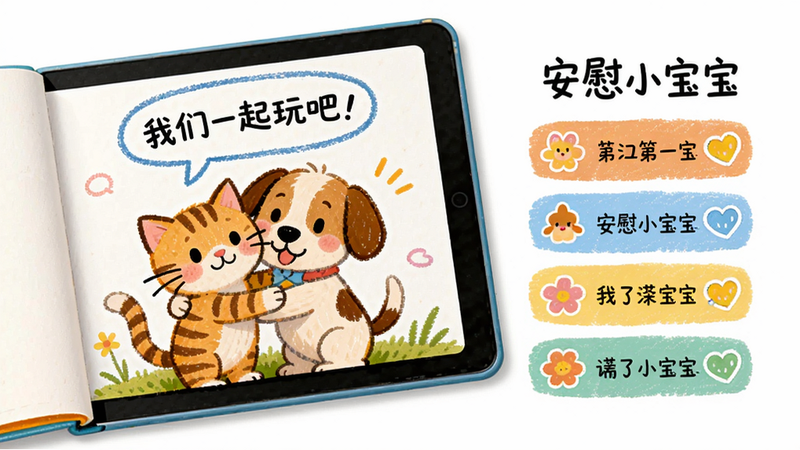 画面左侧是一本打开的电子绘本,上面画着小猫和小狗拥抱的插图,文字气泡写着“我们一起玩吧!”。右侧是“安慰小宝宝”的故事选择列表。整体采用绘本手绘风格,色彩鲜艳,画质清晰,无多余元素。