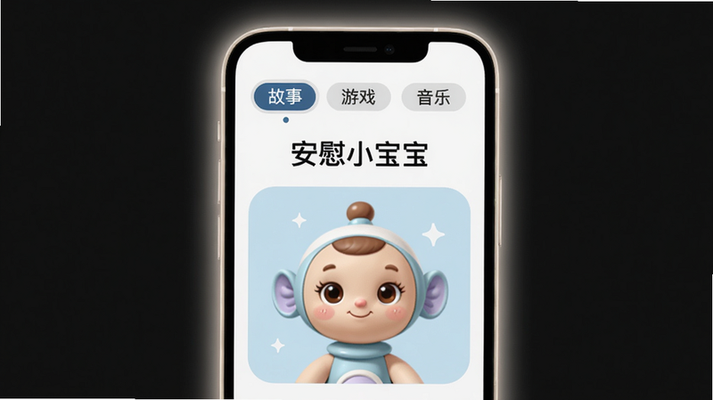 画面展示一部手机屏幕,屏幕上显示“安慰小宝宝”的主界面,顶部有“故事”、“游戏”、“音乐”三个标签。下方有一个安抚娃娃动画,正在微笑。背景干净,手机边缘有柔和的光晕。整体风格简洁,突出软件界面布局。画质高清,无多余元素。