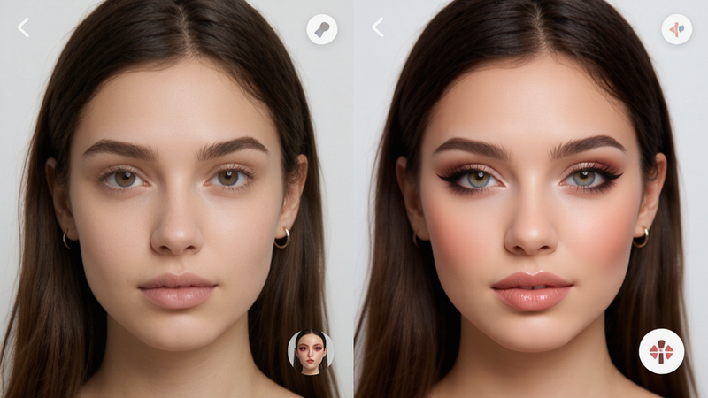 You Makeup���⻯ױӦ��������չʾ�����Ϊԭʼ��Ƭ���Ҳ���ʾ����AI������ľ���ױ��Ч�������岼�ּ��ɾ�������ִ�������ϸ�����������ʸ��壬�޶���Ԫ��