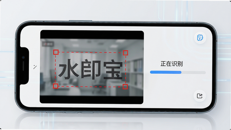水印宝APP的AI识别功能演示,手机屏幕上显示一段带有水印的视频,水印被红色方框自动框选,旁边有'正在识别'进度条,背景简洁,科技感UI,高清画质,干净无多余元素。