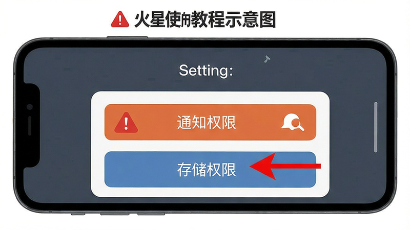 主体:火星使用教程示意图,手机屏幕显示设置界面,箭头标注“通知权限”和“存储权限”按钮,布局清晰,风格扁平,细节包括红色警告标志,画质高清,干净无多余元素。