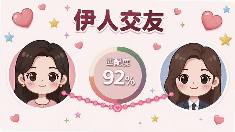 生成一张伊人交友的匹配界面截图,左右两个卡通头像通过一条粉色连线相连,中间显示匹配度92%,背景有爱心和星星图案,风格浪漫可爱,画质高清,文字伊人交友和匹配度醒目。