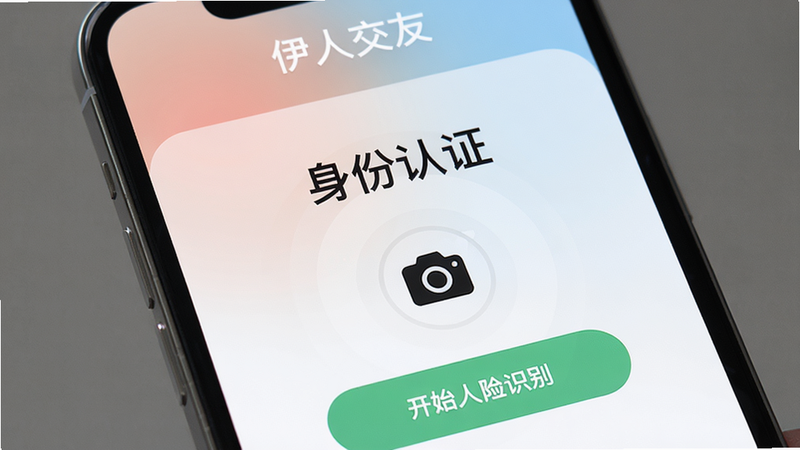 手机屏幕显示伊人交友的认证界面,中间有身份认证标题,下方是摄像头图标和开始人脸识别按钮,背景为柔和的渐变色,界面干净,画质清晰,文字伊人交友出现在顶部。