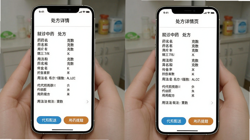 主体:处方详情页,手机屏幕显示某次就诊的中药处方,含药名、克数、用法,底部有“代煎配送”“用药提醒”按钮。布局:手机竖屏,处方列表格式,背景白色,风格:简洁干净,细节:字体清晰,画质:专业。