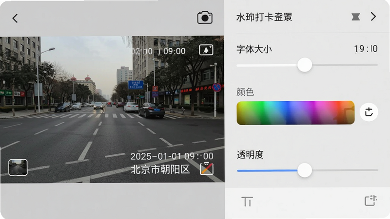 展示水印打卡相机Ali的水印设置界面,左侧为预览图,显示带有“2025-01-01 09:00 北京市朝阳区”水印的照片,右侧为水印样式调节选项,有字体大小、颜色、透明度滑块,界面简洁,画质清晰,风格扁平化,干净无多余元素