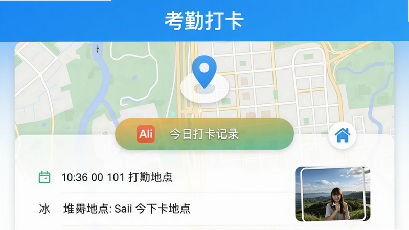 水印打卡相机Ali的考勤模式界面,顶部显示“考勤打卡”字样,中间为地图定位和打卡按钮,下方有今日打卡记录列表,列表项包括时间、地点、照片缩略图,整体设计简洁,色彩明快,画质高清,无多余元素