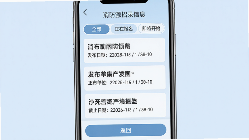消防源招录信息页面,手机屏幕显示,列表中有三条招录公告,每条包含标题、发布单位、截止日期,顶部有“全部”“正在报名”“即将开始”三个筛选标签,底部有返回按钮,背景为浅蓝色,文字清晰,布局整齐,高清画质