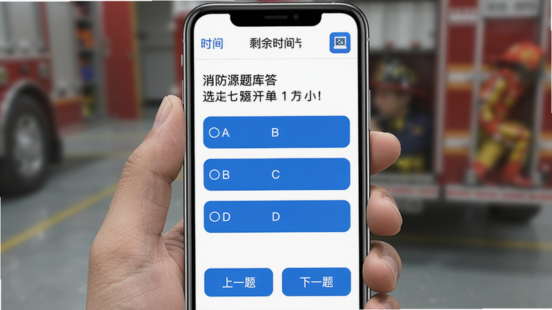 消防源题库答题界面,手机屏幕显示一道选择题,题目下方有A、B、C、D四个选项,顶部显示剩余时间和当前题号,底部有“上一题”“下一题”按钮,右上角有答题卡图标,背景白色,蓝色按钮,简洁干净,高清画质