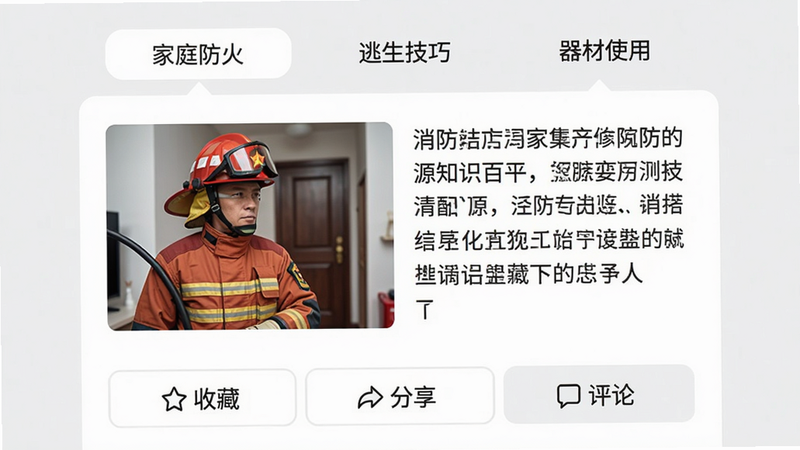 消防源知识百科页面,手机屏幕显示,顶部为分类标签,如“家庭防火”“逃生技巧”“器材使用”,中间展示一篇图文文章,左侧配图右侧文字,底部有“收藏”“分享”“评论”按钮,背景浅灰,风格简约,高清画质