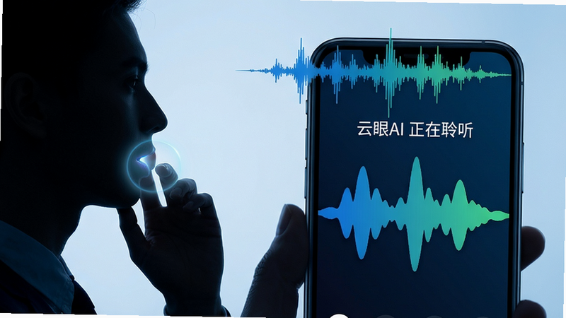 主体:一个人对着手机说话,手机屏幕上显示语音波形并转化为文字。布局:人物侧面剪影,手机占据画面中心,波形从手机顶部扩散。排版:画面左侧是人物,右侧是手机屏幕特写。风格:科技风、动态感、蓝色调。细节:手机屏幕显示“云眼AI 正在聆听”文字,波形为蓝绿色渐变,人物嘴部有轻微光晕。画质:清晰锐利,无模糊。