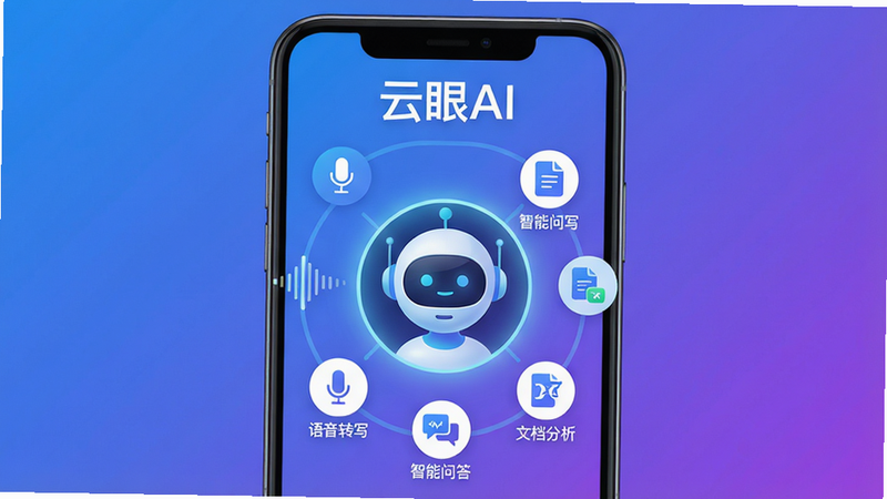 主体:手机屏幕显示云眼AI应用主界面,中间是一个虚拟助手头像,周围环绕着语音波形、文档图标、翻译图标等元素。布局:手机居中,背景为渐变色(蓝紫过渡),界面简洁。排版:头像在中心,功能图标环形排列。风格:科技感、扁平化、明亮。细节:助手头像带有发光轮廓,图标下方有中文标签如“语音转写”、“智能问答”、“文档分析”。画质:超高清4K,干净无多余元素,突出软件名称“云眼AI”字样在屏幕顶部。