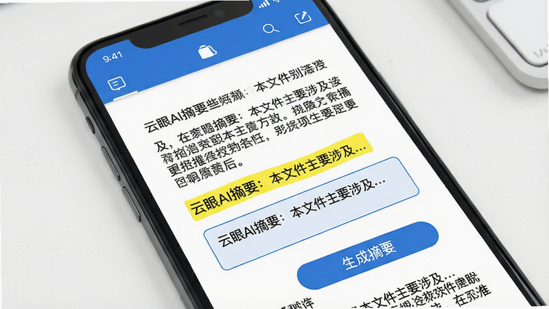 主体:手机屏幕上展示一份PDF文档,高亮显示摘要区域,旁边有“生成摘要”按钮。布局:手机竖屏,文档占据屏幕大部分,顶部有功能栏。排版:文档内容清晰,摘要部分用黄色高亮。风格:办公工具风格,白色背景。细节:文档中文字可见,摘要框内显示“云眼AI摘要:本文件主要涉及...”,按钮为蓝色。画质:细节丰富,文字可读。