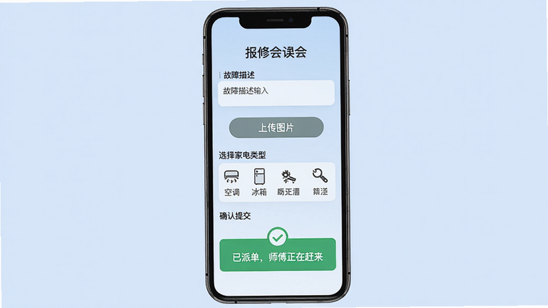 一张“扳手会”报修流程演示图,手机屏幕从上到下依次显示:故障描述输入框、上传图片按钮、选择家电类型(空调、冰箱等)、确认提交后出现“已派单,师傅正在赶来”提示,背景为浅蓝色,画质干净,无多余元素。
