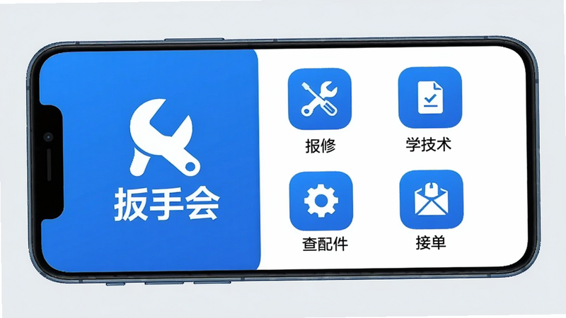 一张扳手会App的主界面预览图,左侧显示“扳手会”品牌LOGO和名称,右侧是功能图标排列:报修、查配件、学技术、接单,整体采用蓝白配色,干净简洁,手机屏幕居中展示,背景为淡灰色,画质清晰,无多余元素。