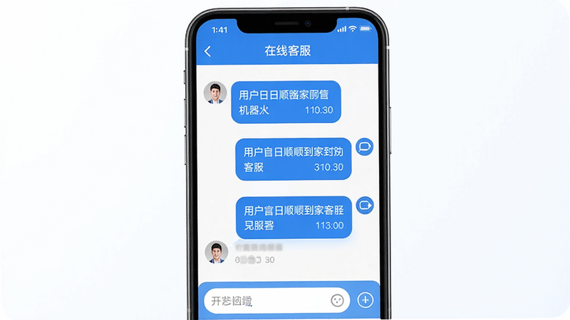 主体:手机屏幕显示日日顺到家客服聊天界面,顶部有'在线客服'标题,中间有用户提问气泡和机器人回复气泡,底部有输入框。布局:手机居中,聊天界面清晰。风格:简洁现代,蓝色主题。细节:气泡圆角,时间戳显示。画质:高清,干净。