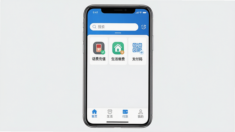 和包移动支付软件官方界面预览图,主体为手机屏幕展示应用主界面,布局包括顶部搜索栏、中部功能图标如“话费充值”、“生活缴费”、“支付码”,底部导航栏有“首页”、“生活”、“付款”、“我的”,整体风格简洁明快,采用中国移动标志性蓝色和白色配色,细节清晰,画质干净,无多余元素。