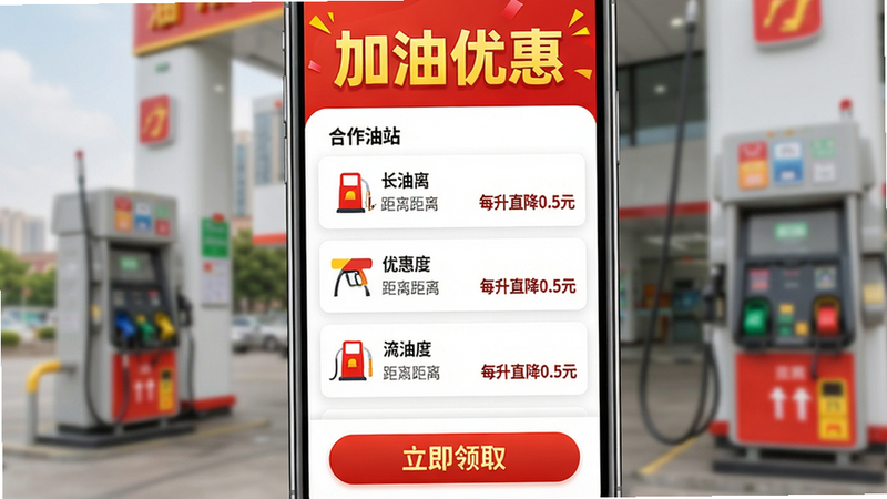 和包加油优惠使用方法预览图,主体为手机屏幕展示加油优惠活动页面,布局顶部为“加油优惠”大标题,中间为合作油站列表每项含油站名称、距离、优惠幅度(如“每升直降0.5元”),底部为“立即领取”按钮,风格活泼,采用红色和黄色点缀,细节清晰,画质干净,无多余元素。