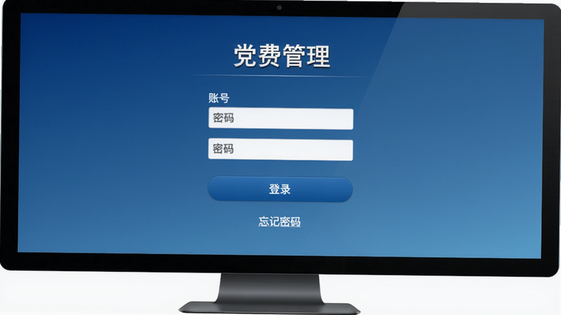 和包党费管理登录平台界面预览图,主体为管理后台登录页面,布局包含“党费管理”标题、账号密码输入框、“登录”按钮,背景为渐变蓝色,风格商务严肃,细节有“忘记密码”链接,画质干净,无多余元素。