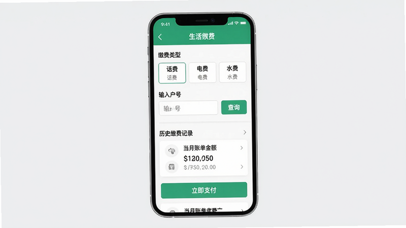 和包生活缴费功能预览图,主体为手机屏幕展示缴费页面,布局从上到下依次为“缴费类型”选择(话费、电费、水费等)、输入户号框、查询按钮、历史缴费记录,风格简约,背景为浅灰色,细节显示“当月账单金额”和“立即支付”按钮,画质干净,无多余元素。