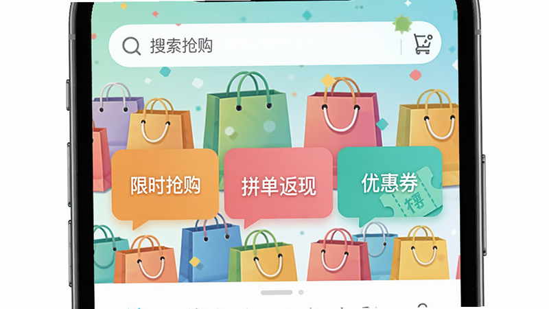 爱抢购软件主界面,手机屏幕显示'爱抢购'APP首页,顶部有搜索栏,中部有'限时抢购''拼单返现''优惠券'等按钮,背景为彩色购物袋图案,风格清新明亮,画质高清,干净无多余元素。