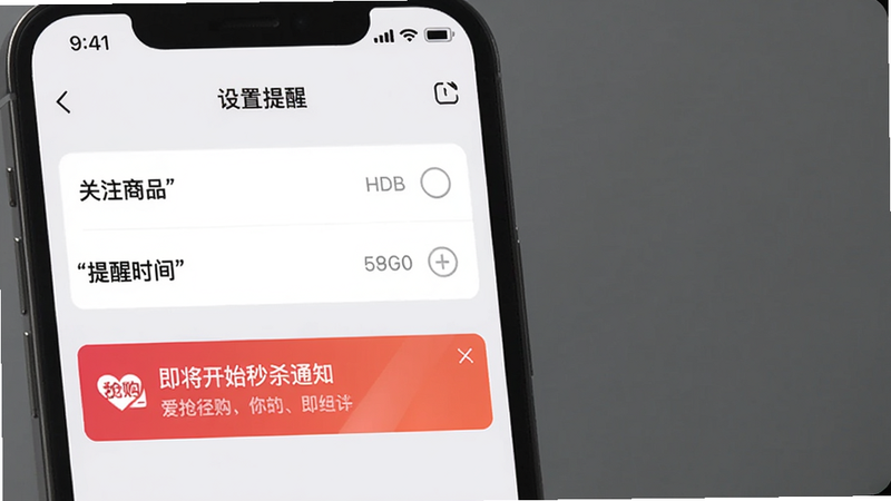 爱抢购智能提醒截图,手机界面显示设置提醒页面,有'关注商品''提醒时间'选项,以及一条即将开始的秒杀通知横幅,背景干净,画质清晰,突出'爱抢购'品牌。