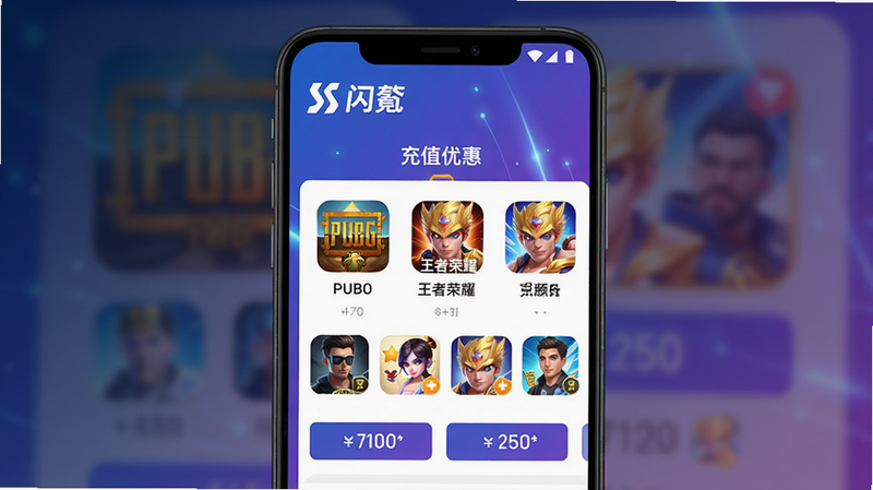 主体为一部安卓手机屏幕,屏幕中央显示闪氪APP主界面,界面顶部有“闪氪”品牌logo和“充值优惠”字样,下方排列着多款热门游戏图标(如PUBG、王者荣耀)和充值金额选项,背景为渐变的蓝紫色科技感光效。整体布局整洁,风格现代简约,画面清晰干净,无多余元素,画质细腻