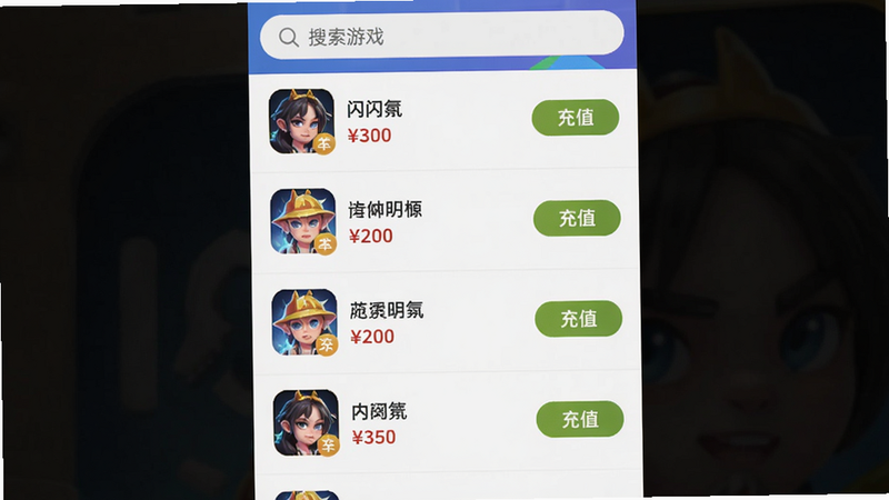 主体为闪氪APP内游戏选择页面,竖向列表展示多款游戏名称及图标,每个游戏右侧有“充值”按钮,列表上方搜索栏显示“搜索游戏”。布局清晰,列表逐行排列,风格简洁扁平,细节包含游戏图标和价格标签,画质干净明亮