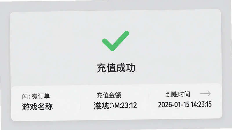 主体为闪氪订单详情页,中央显示“充值成功”绿色对勾图标,下方列出游戏名称、充值金额、到账时间(例如“2026-01-15 14:23:15”),背景为浅灰色卡片式布局,风格商务简洁,细节中时间数字清晰,画质干净