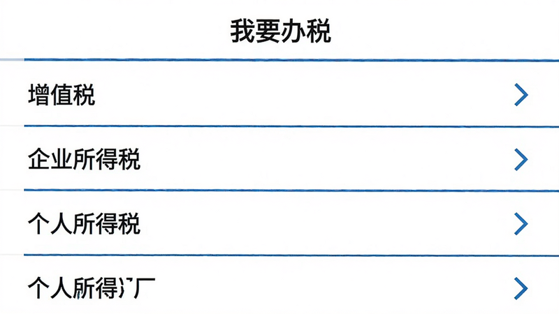 宁波税务App“办税大厅”功能页面截图,顶部有“我要办税”标题栏,下方以列表形式展示各类税种申报入口,如增值税、企业所得税、个人所得税等,每个条目右侧有箭头图标,背景为白色,蓝色分割线,字体清晰,风格商务极简,画质高清