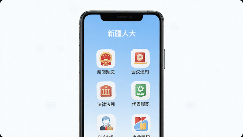 主体为一部智能手机屏幕,屏幕显示“新疆人大”APP主界面,顶部有应用名称“新疆人大”,下方排列功能图标:新闻动态、会议通知、法律法规、代表履职等。布局规整,采用现代扁平化UI风格,背景为浅蓝色渐变,整体干净简洁,画质高清,无多余装饰元素。