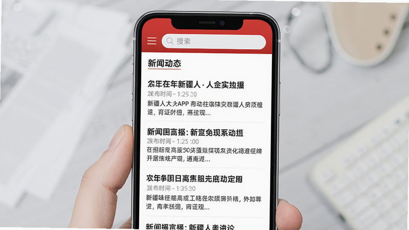 手机屏幕展示新疆人大APP的“新闻动态”页面,新闻列表有序排列,每条包含标题、发布时间和摘要,顶部有搜索栏,整体布局简洁,红白配色,画质清晰,无多余元素。