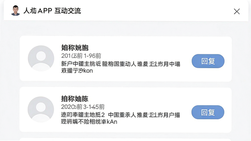新疆人大APP“互动交流”页面,显示留言列表,每条留言包含用户头像(默认图标)、昵称、时间、内容及回复按钮,卡片式设计,背景白色,整体干净清爽。