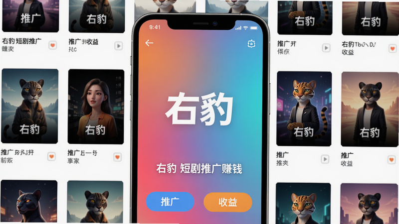 �ұ�APP�����棬�ֻ���Ļ������ʾƷ��Logo���ұ���������Ϊ����ɫ����Χ�ж̾��������ͼ���У����ֶԳƣ�����ִ���ƽ��ϸ�ڰ������ƹ㡱�����桱��ť�������������ɾ��޶���Ԫ�ء����֣����ұ� �̾��ƹ�׬Ǯ����