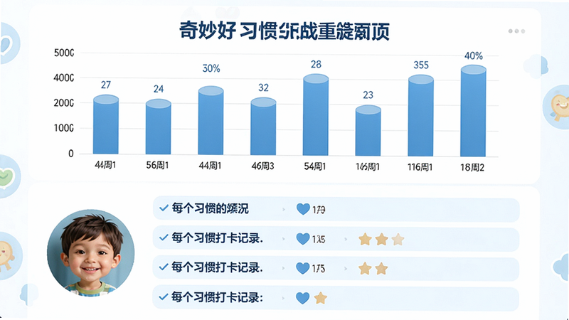 一张展示奇妙好习惯家长报告页面的图片,上方是柱状图表示本周完成情况,下方是列表显示每个习惯的打卡记录,左侧有孩子头像,界面简洁,白色背景,蓝色主色调,文字清晰,画质高清,无多余元素。