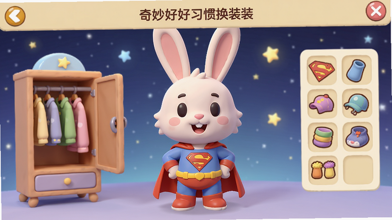 一张展示奇妙好习惯角色换装界面的图片,中央是一个穿着超人服装的卡通兔子,旁边有衣柜和物品栏,背景是星空,角色表情开心,布局左右对称,色彩柔和,画质细腻,干净无多余元素。