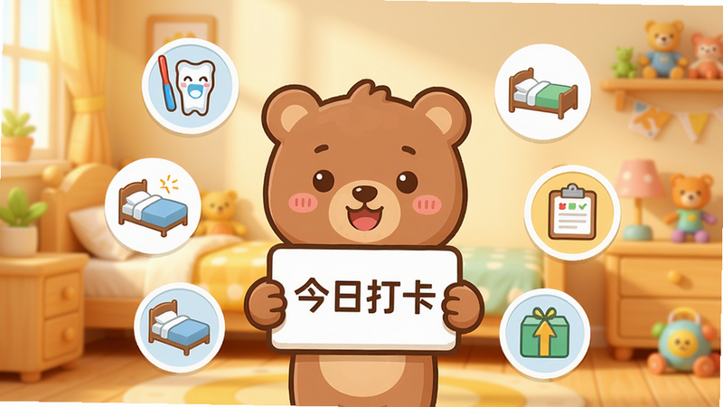 一幅展示奇妙好习惯APP主界面的高清截图,画面中央是可爱的卡通小熊举着“今日打卡”牌子,周围环绕着刷牙、叠被子等图标,背景是温馨的儿童房,色彩明亮温暖,画质细腻,干净无多余元素,布局居中,风格为卡通扁平化。