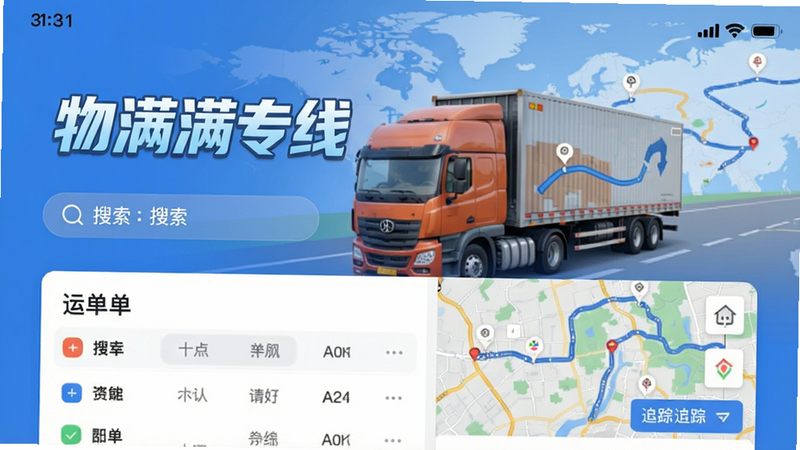 一张展示物满满专线App主界面的截图,包含搜索框、运单列表、地图追踪等元素,背景为物流货车和路线,文字标签“物满满专线”清晰可见,风格简洁现代,画质高清,干净无多余元素。