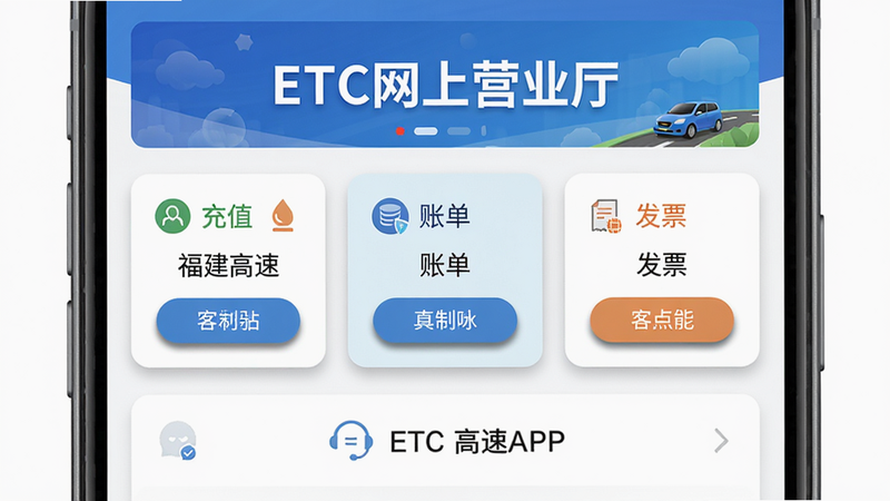 主体:福建高速APP ETC服务页面,布局:顶部横幅“ETC网上营业厅”,中部功能卡片包括充值、账单、发票,底部客服入口,风格:商务清新风,细节:卡片圆角设计,按钮带阴影,画质:干净无多余元素,alt=福建高速预览图