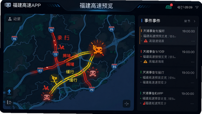 主体:福建高速APP实时路况界面,布局:左侧动态地图显示路况颜色,右侧事件列表带时间戳,风格:深色科技感背景,细节:地图上红色代表拥堵,黄色代表缓行,事故图标闪烁,画质:清晰锐利,alt=福建高速预览图