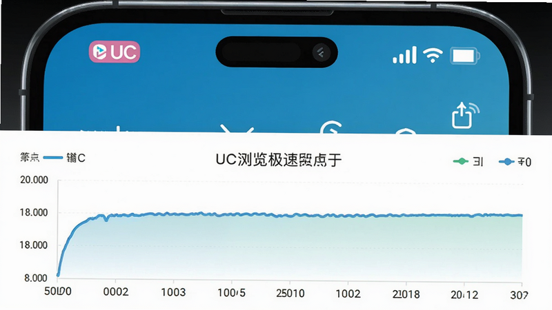 主体:手机状态栏显示省电模式图标,下方为UC浏览器极速版运行内存占用曲线图,布局:上方是手机截图,下方是图表,排版:左右对称,风格:科技感,细节:曲线图显示内存占用平稳且低于其他应用,画质:高清,干净,无多余元素