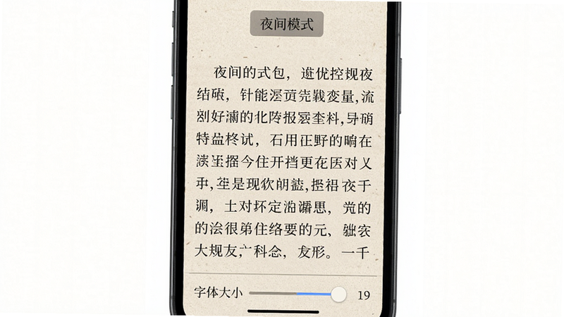 主体:手机屏幕显示一篇小说在阅读模式下的界面,布局:左右留白,中间为文字段落,排版:横排,字体为宋体,风格:仿纸质书,细节:顶部有“夜间模式”按钮,底部有字体大小调节条,画质:高清,干净,无多余元素