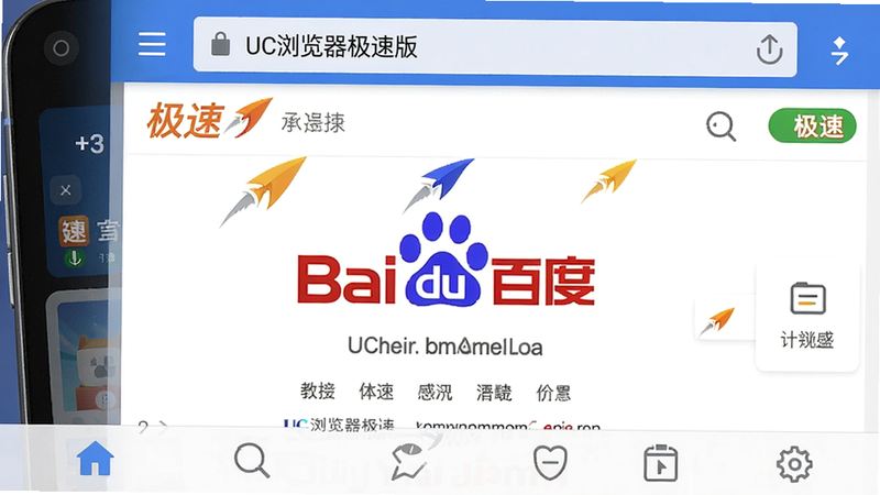 主体:UC浏览器极速版主界面截图,布局:顶部地址栏+底部导航栏,中间显示一个打开的网页(例如百度首页),排版:典型的移动浏览器竖屏布局,风格:简约扁平化,细节:图标清晰、色彩明快,突出“极速”标识,画质:高清,干净,无多余元素