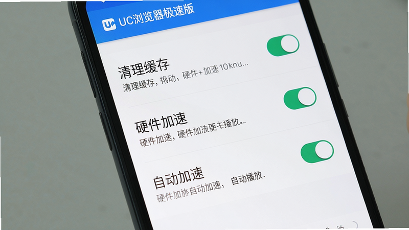 主体:手机屏幕上显示UC浏览器极速版的设置界面,突出“清理缓存”和“硬件加速”选项,布局:列表式设置页,排版:从上到下依次为“清理缓存”、“硬件加速”、“自动播放”,风格:简洁UI,细节:每个选项旁边有开关和说明文字,画质:高清,干净,无多余元素